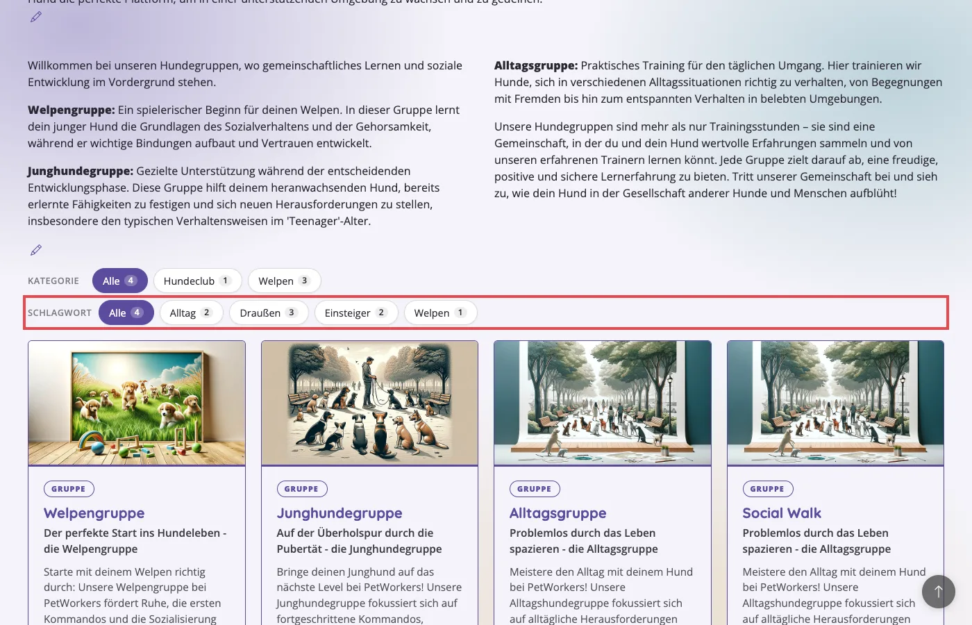 Angebotsliste auf der Website mit dem Filter Schlagwort