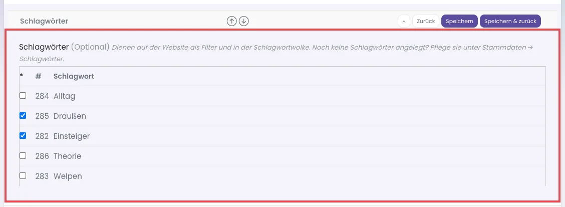Abschnitt Schlagwörter im Formular einer Gruppe mit angehakten Schlagwörtern