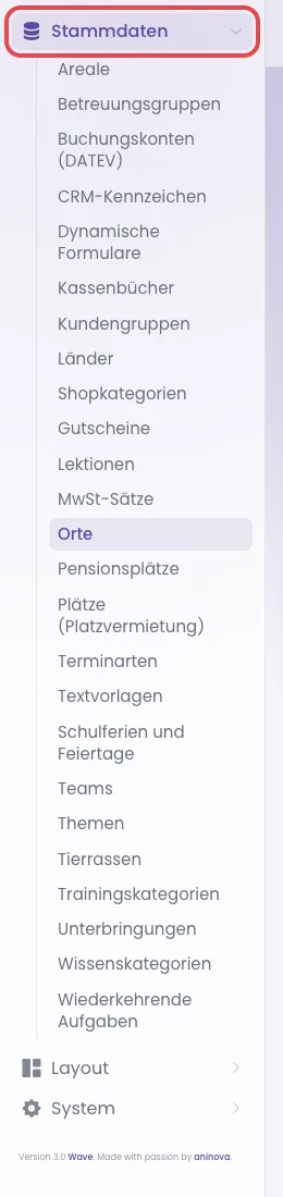 Aufgeklapptes Menü Stammdaten mit allen Listen