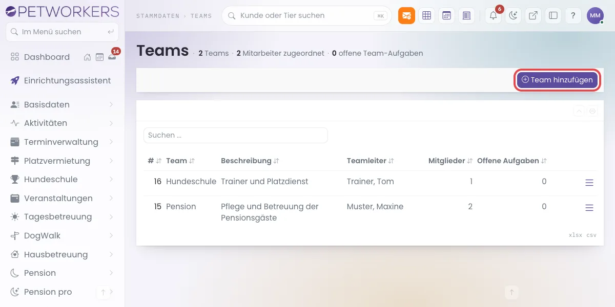 Liste der Teams mit Teamleiter, Mitgliedern und offenen Aufgaben