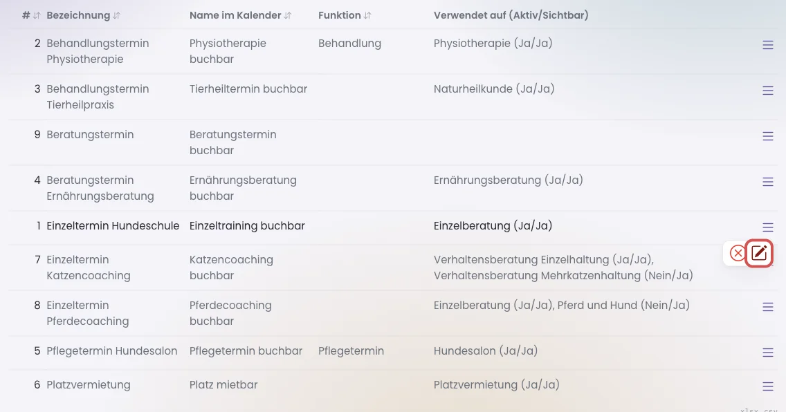 Liste der Terminarten mit geöffnetem Zeilenmenü
