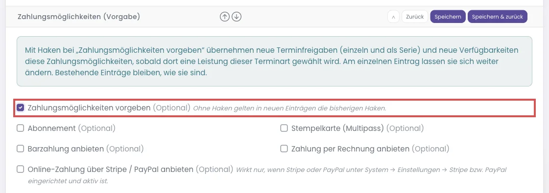 Kasten Zahlungsmöglichkeiten (Vorgabe) mit dem Haken Zahlungsmöglichkeiten vorgeben