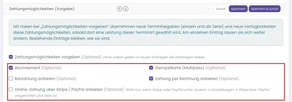 Angehakte Zahlungsarten im Kasten Zahlungsmöglichkeiten (Vorgabe)