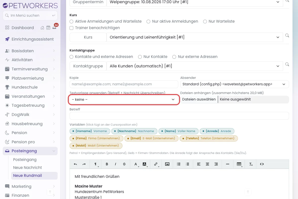 Neue Rundmail mit dem Auswahlfeld Textvorlage anwenden
