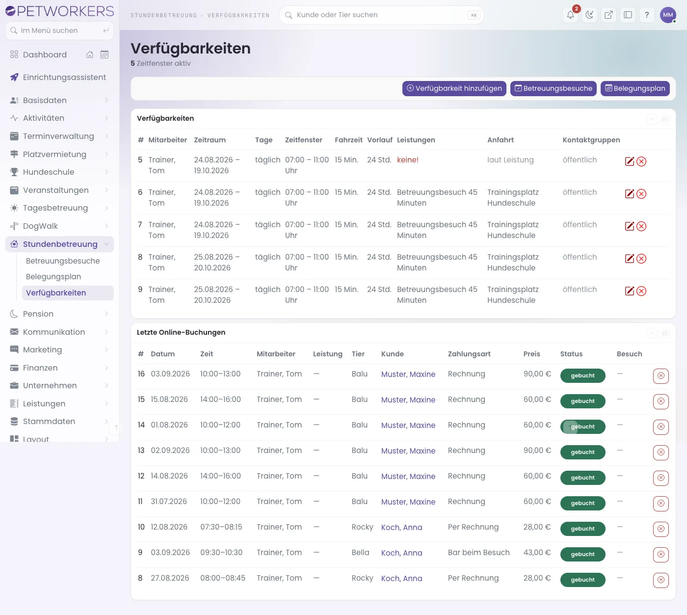 Hausbetreuung → Verfügbarkeiten mit den letzten Online-Buchungen