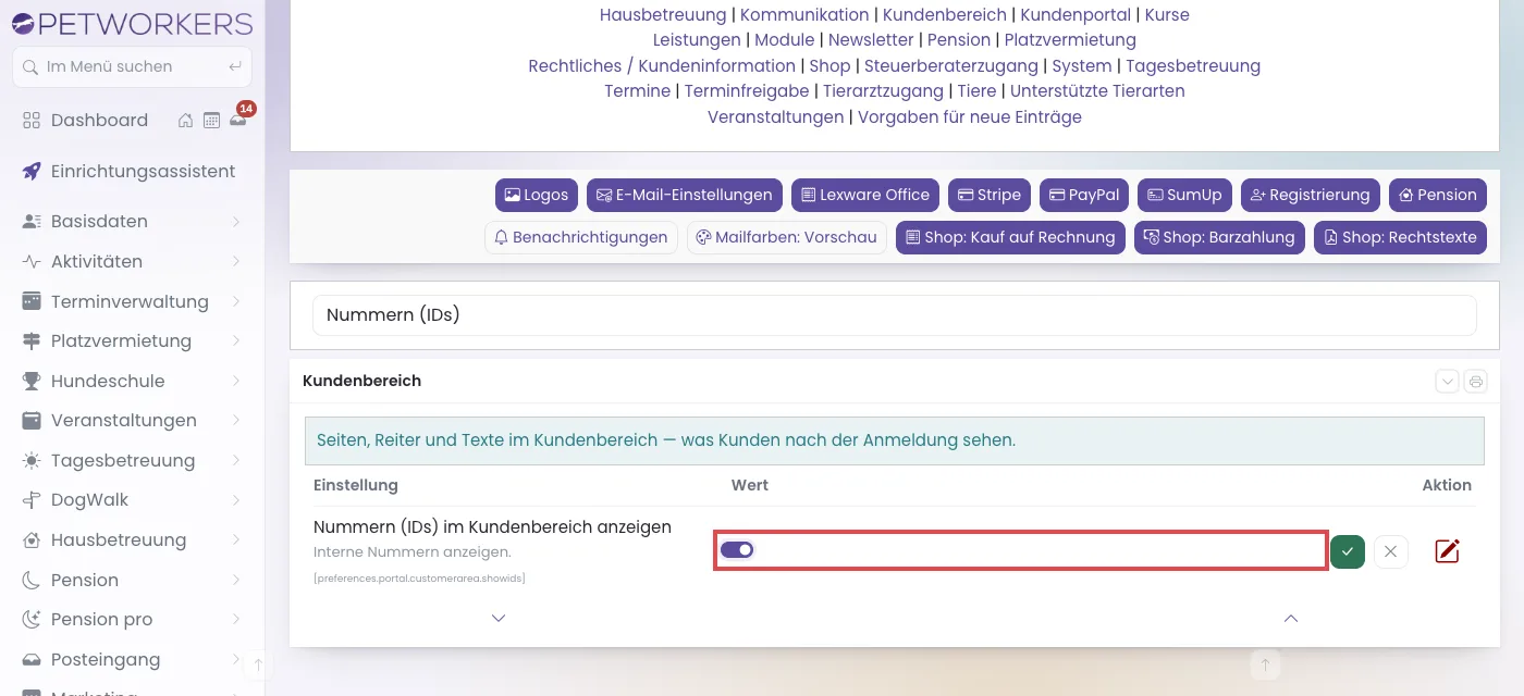 Die Einstellung im Bearbeiten-Zustand, der eingeschaltete Schalter ist rot markiert