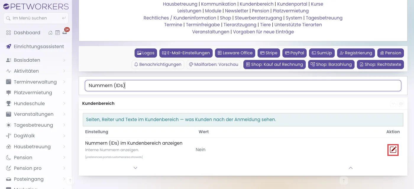 Die Einstellung Nummern (IDs) im Kundenbereich anzeigen mit dem rot markierten Stiftsymbol