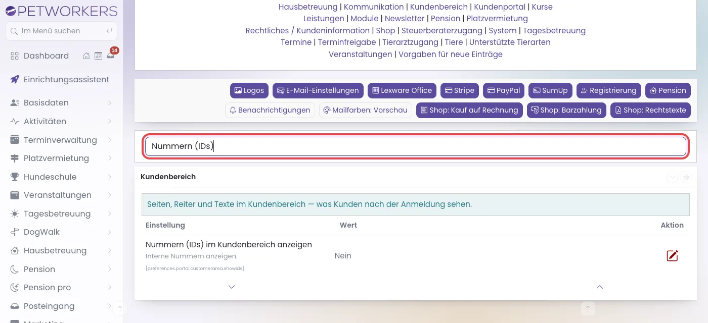Einstellungssuche mit dem Stichwort Nummern (IDs), das Suchfeld ist rot markiert
