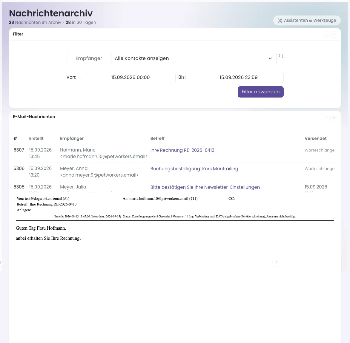 Nachrichtenarchiv mit Filter, Liste der Mails und der angezeigten Nachricht