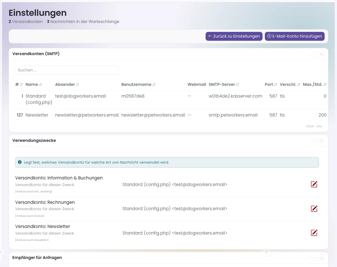 Seite E-Mail-Einstellungen mit den Kästen Versandkonten, Verwendungszwecke und Empfänger für Anfragen