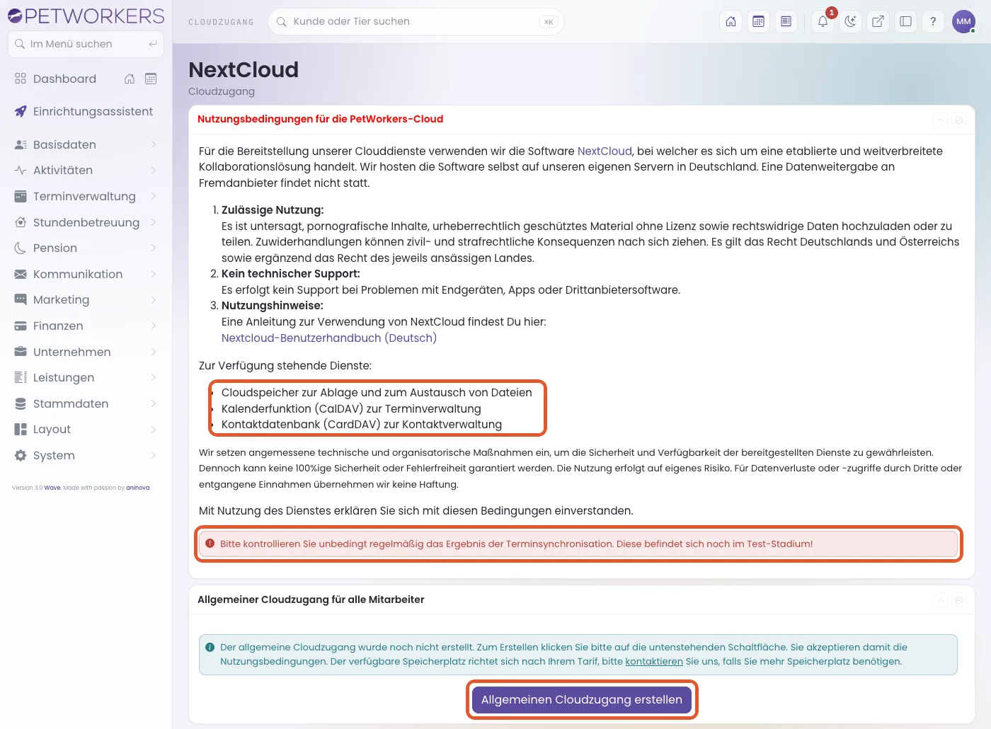 Die Seite Cloudzugang mit Nutzungsbedingungen und dem Knopf zum Erstellen