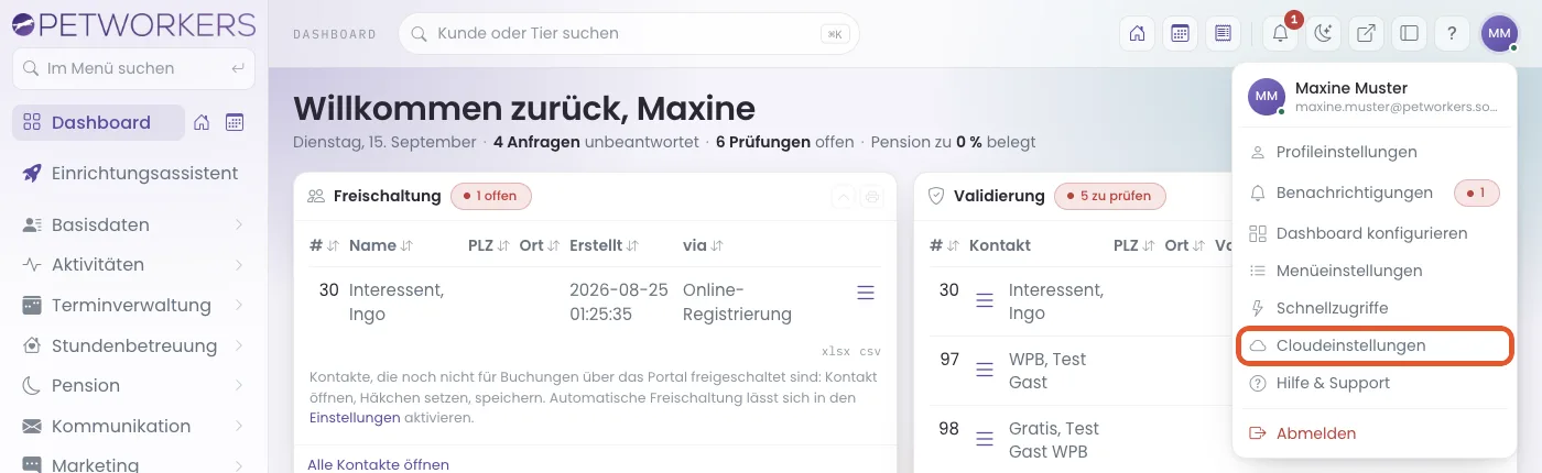 Das Profilmenü mit dem Eintrag Cloudeinstellungen