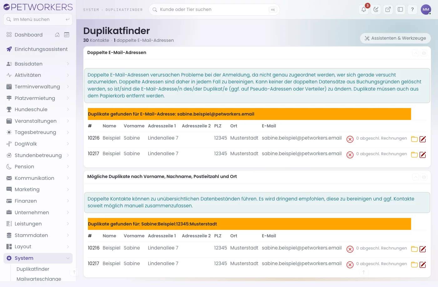Der Duplikatfinder mit einem doppelten Kontakt Sabine Beispiel