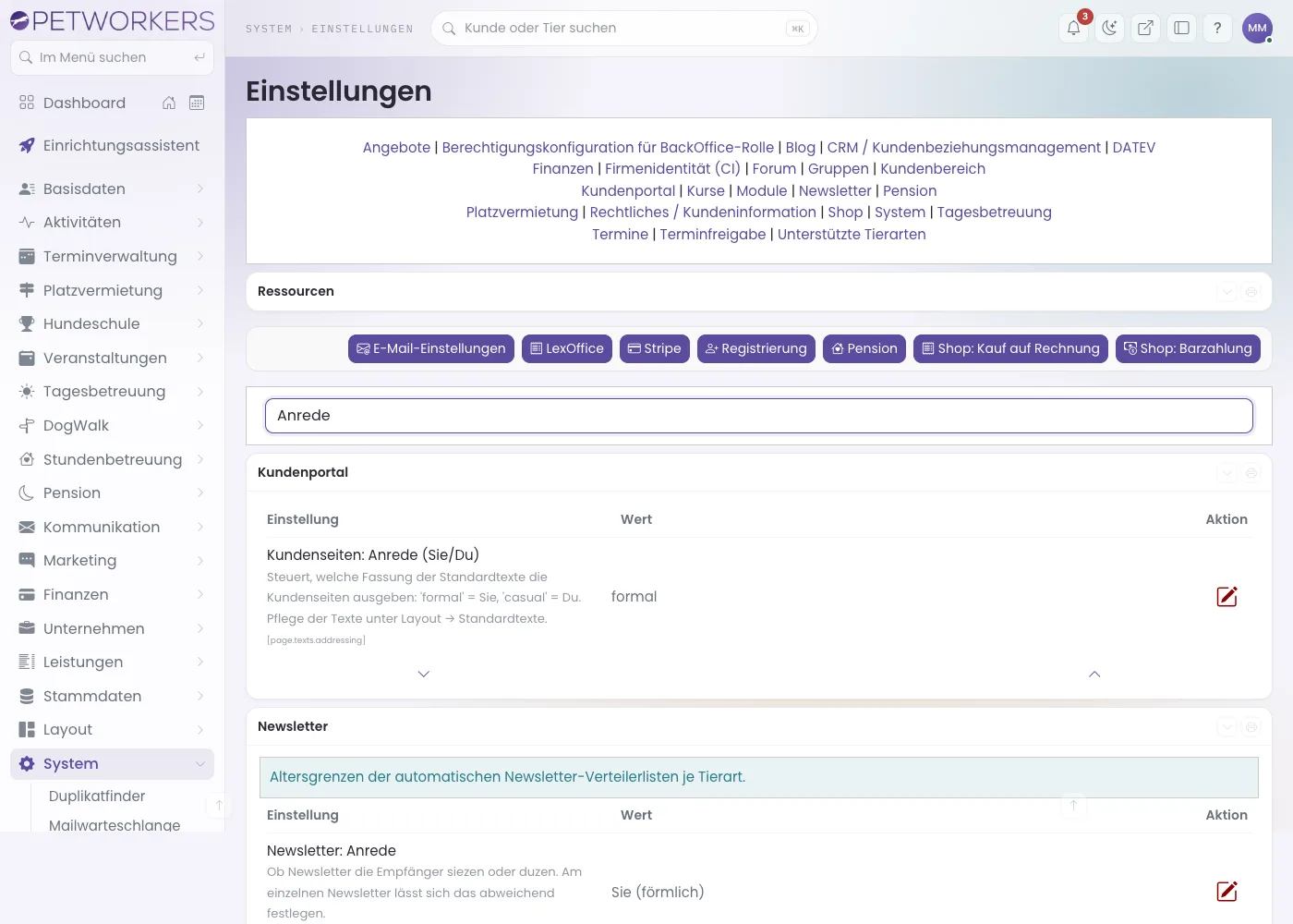 Die Einstellungssuche mit dem Stichwort Anrede und zwei Treffern