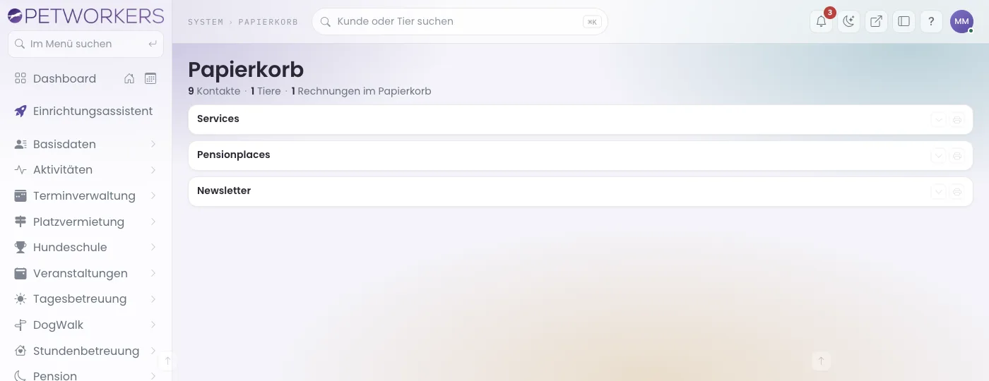 Der Papierkorb mit zugeklappten Kästen je Datenart