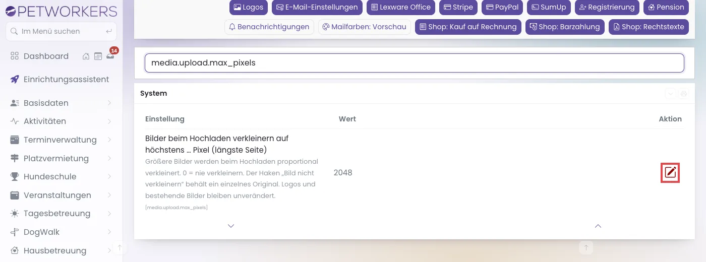 Die Einstellung für die Höchstgröße neuer Bilder in der Gruppe System