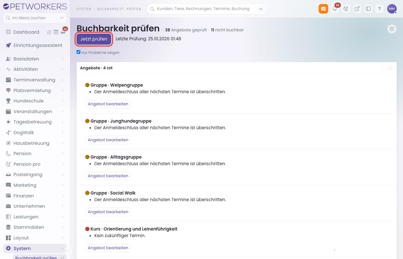 Die Seite Buchbarkeit prüfen mit dem Knopf Jetzt prüfen und dem Menüpunkt