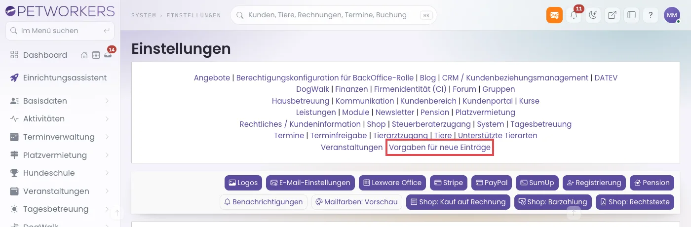 Die Sprungleiste der Einstellungen mit dem Eintrag Vorgaben für neue Einträge