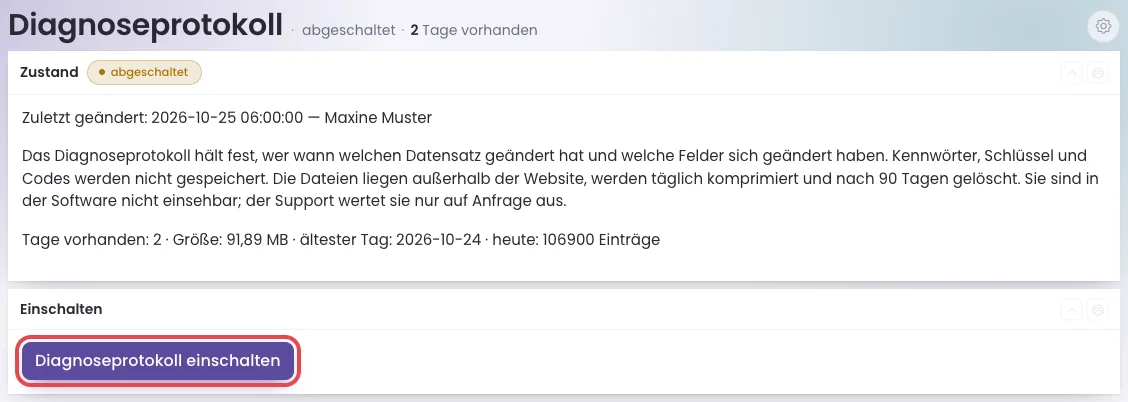 Seite Diagnoseprotokoll im Zustand abgeschaltet mit dem Knopf Diagnoseprotokoll einschalten