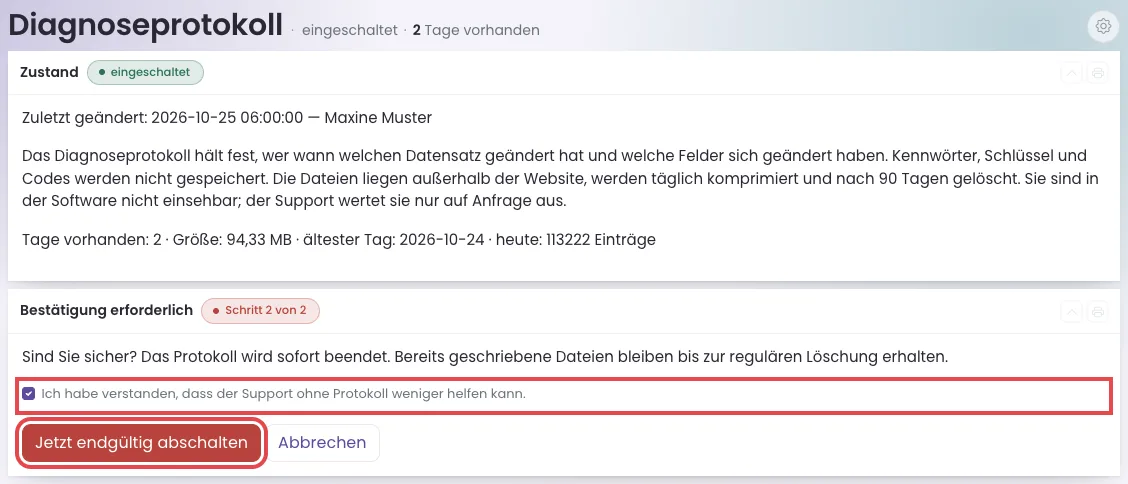 Kasten Bestätigung erforderlich mit Haken und dem Knopf Jetzt endgültig abschalten