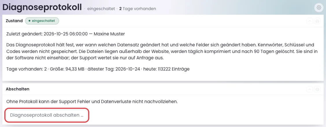 Seite Diagnoseprotokoll im Zustand eingeschaltet mit dem Knopf Diagnoseprotokoll abschalten