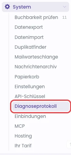 Linkes Menü mit aufgeklapptem Bereich System, Diagnoseprotokoll markiert