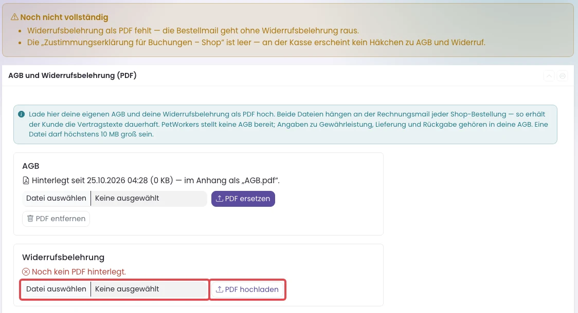 Seite Shop: Rechtstexte mit hinterlegter AGB und rot markiertem Dateifeld und Knopf PDF hochladen bei der Widerrufsbelehrung