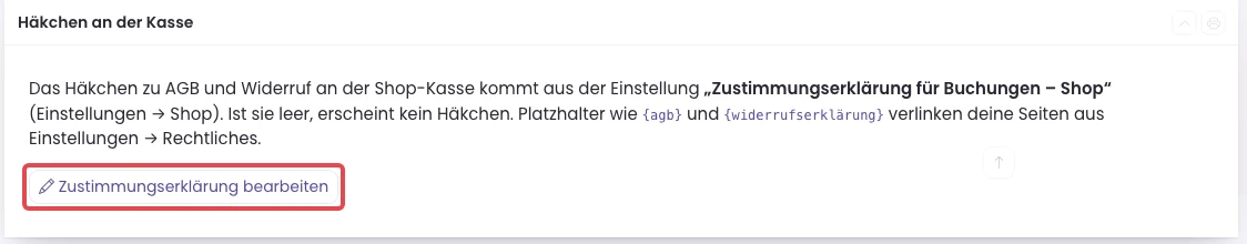 Seite Shop: Rechtstexte mit rot markiertem Knopf Zustimmungserklärung bearbeiten