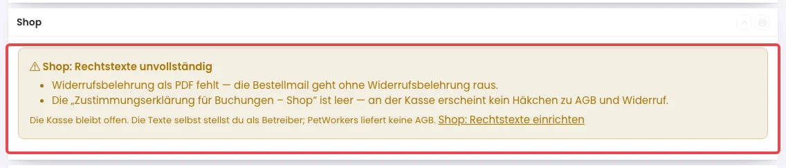 Systemstatus mit der Warnung Shop: Rechtstexte unvollständig