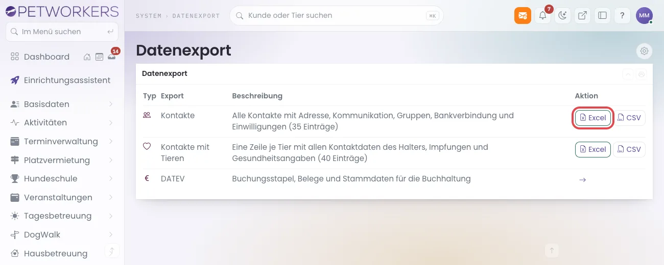 Die Seite Datenexport mit den Zeilen Kontakte, Kontakte mit Tieren und DATEV