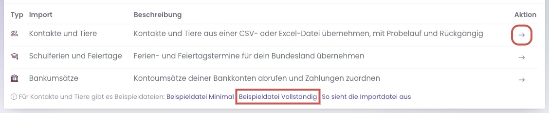 Die Seite Datenimport mit den Links Beispieldatei Minimal und Beispieldatei Vollständig unter der Tabelle