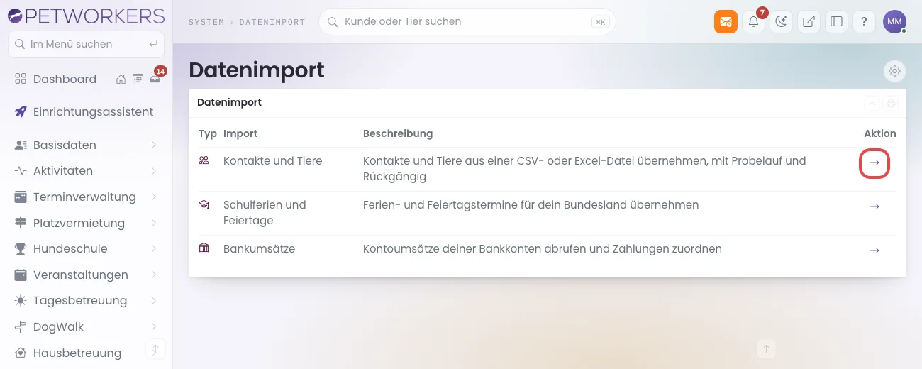 Die Seite Datenimport mit den Zeilen Kontakte und Tiere, Schulferien und Feiertage, Bankumsätze