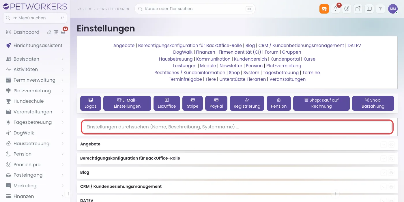 Die Einstellungen mit der Sprungleiste der Gruppen, den Knöpfen zu den eigenen Masken und dem Suchfeld