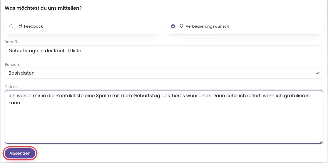 Das ausgefüllte Feedback-Formular mit dem markierten Knopf Absenden
