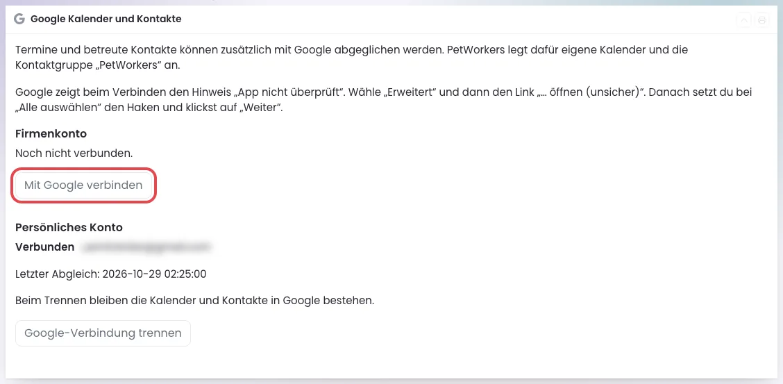 Der Kasten Google Kalender und Kontakte mit dem markierten Knopf Mit Google verbinden