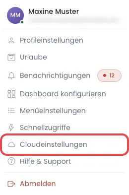 Das Profilmenü mit dem markierten Eintrag Cloudeinstellungen