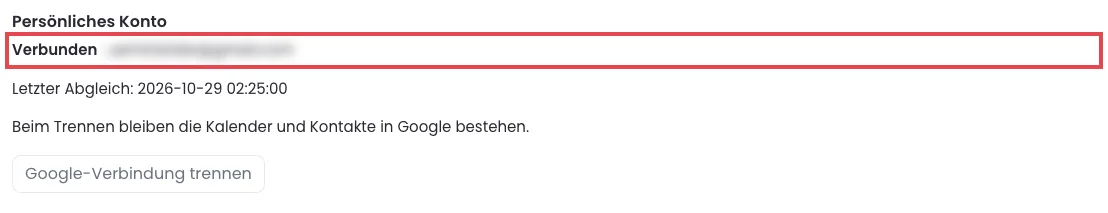 Das persönliche Konto mit dem Status Verbunden und der Google-Adresse