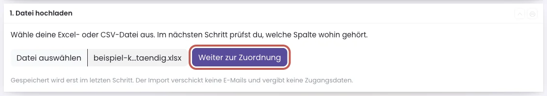 Der Kasten 1. Datei hochladen mit ausgewählter Datei und dem Knopf Weiter zur Zuordnung