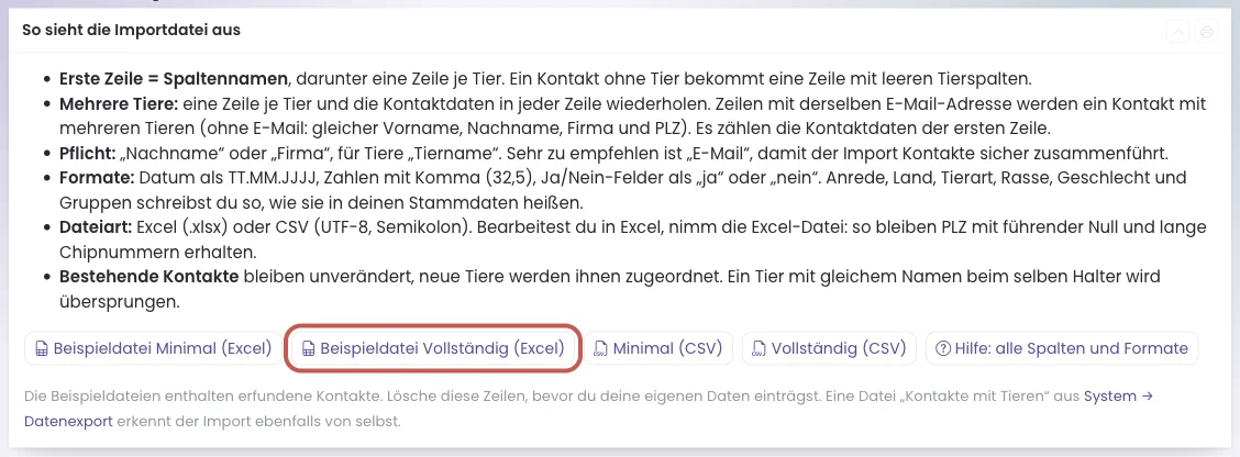 Der Kasten So sieht die Importdatei aus mit den Regeln und den Knöpfen für die Beispieldateien