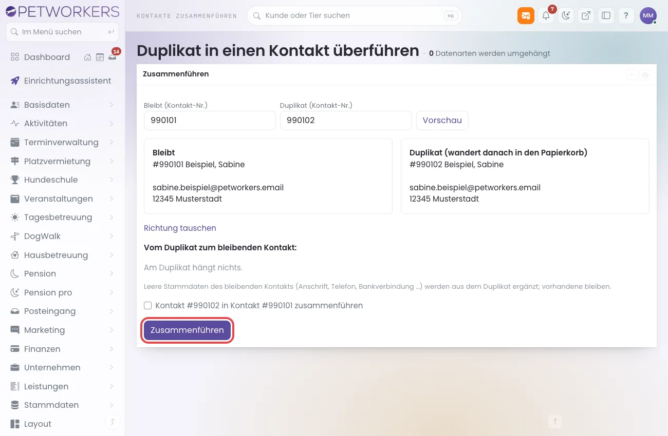 Vorschau beim Zusammenführen zweier Kontakte