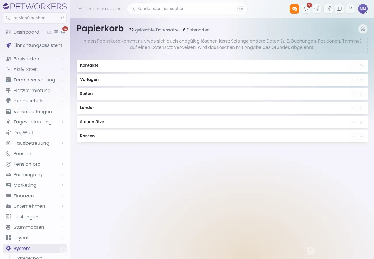 Papierkorb mit Hinweis oben und den Kästen der Datenarten