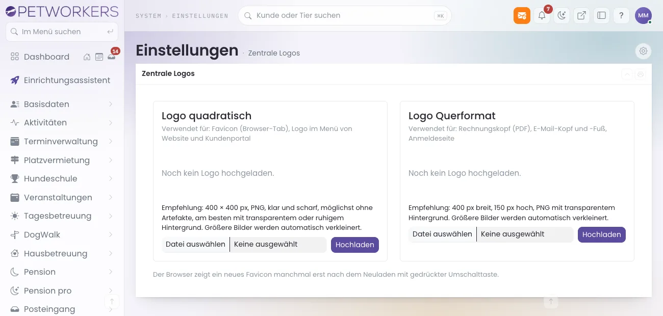 Die Seite Zentrale Logos mit den Kästen Logo quadratisch und Logo Querformat