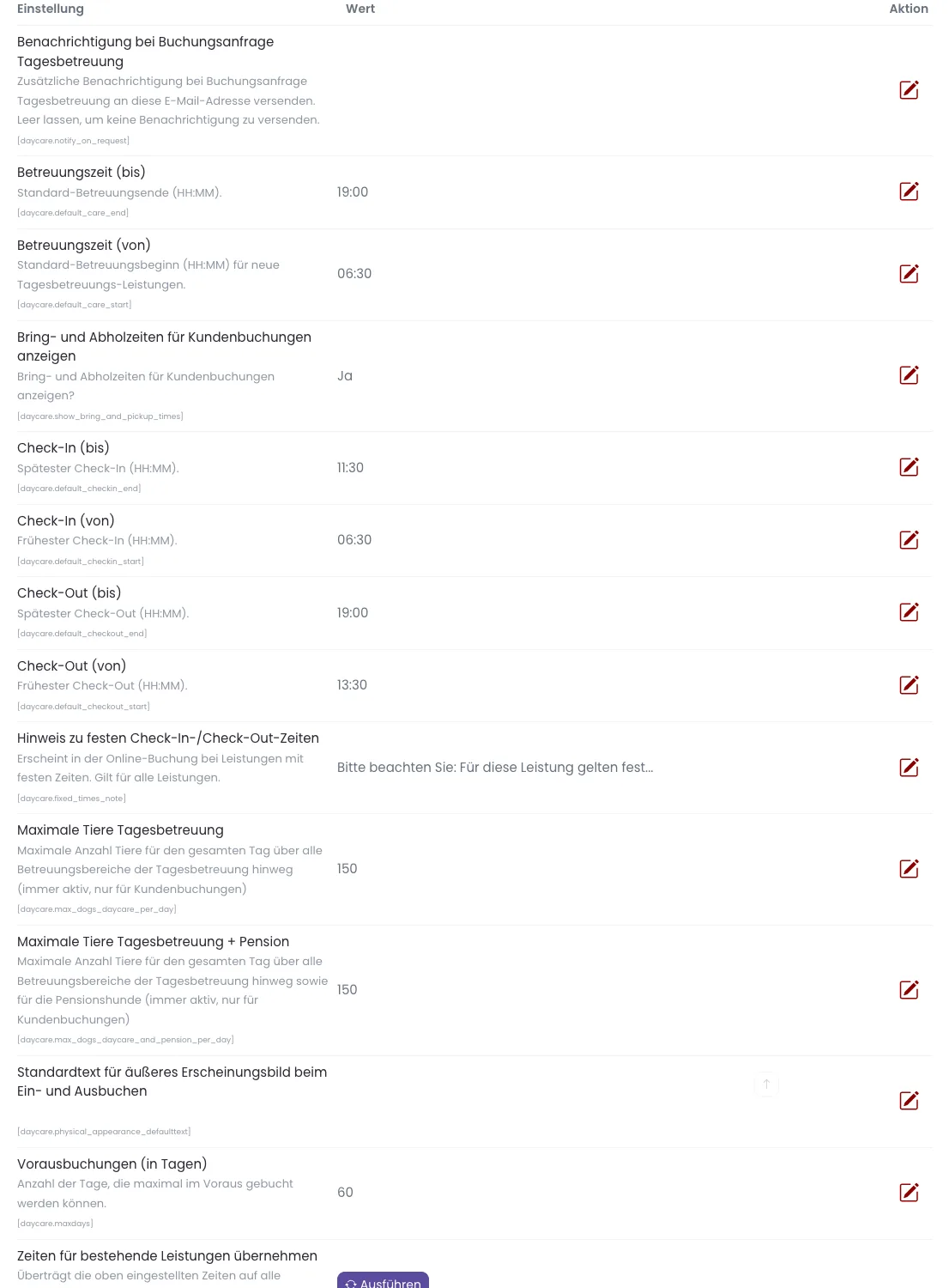 Einstellungsbereich Tagesbetreuung