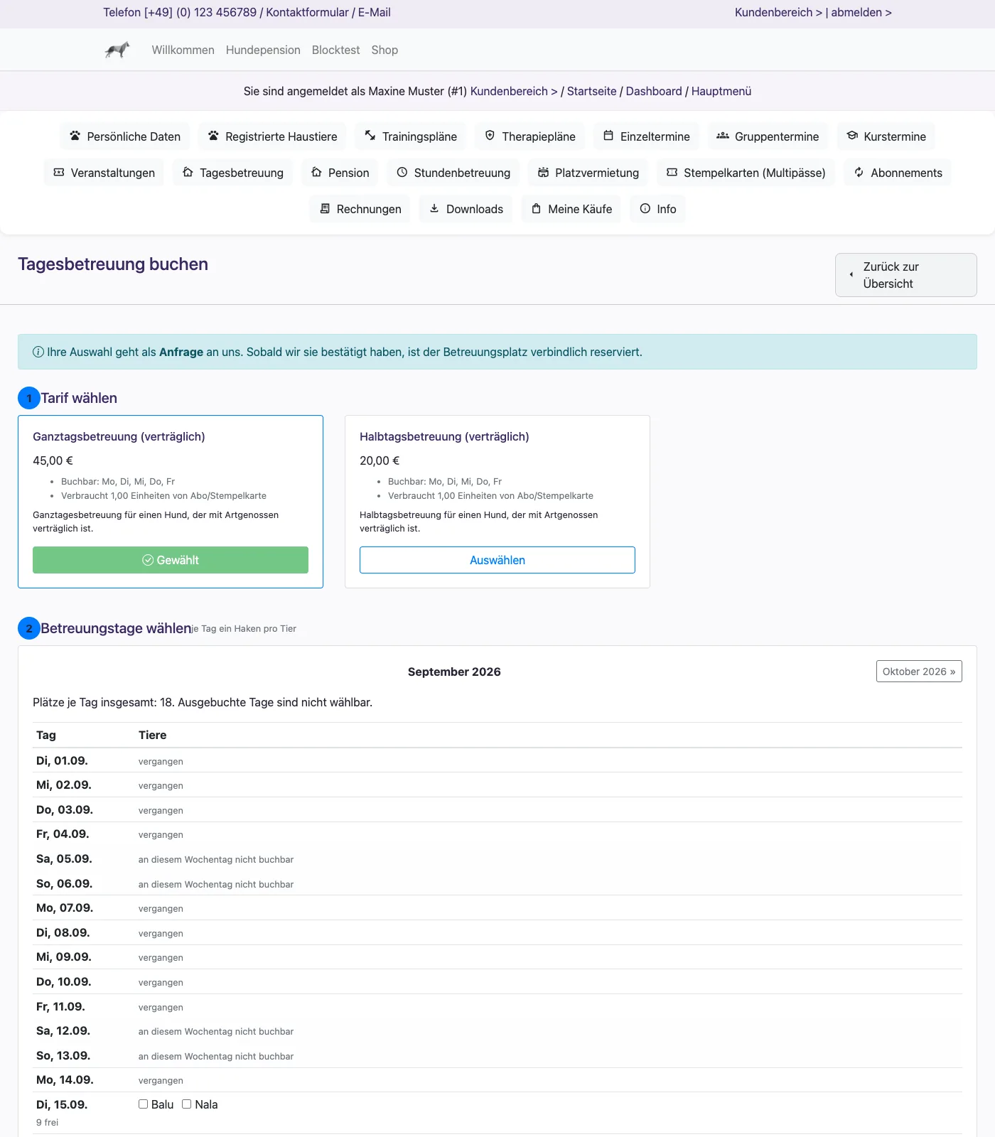 Buchung der Tagesbetreuung, Tarif und Kalender