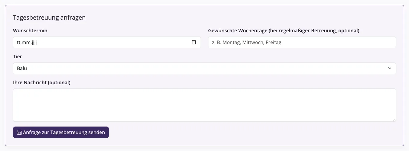 Anfrageformular Tagesbetreuung auf der Website