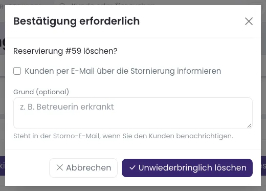 Dialog Reservierung löschen mit Haken und Grund