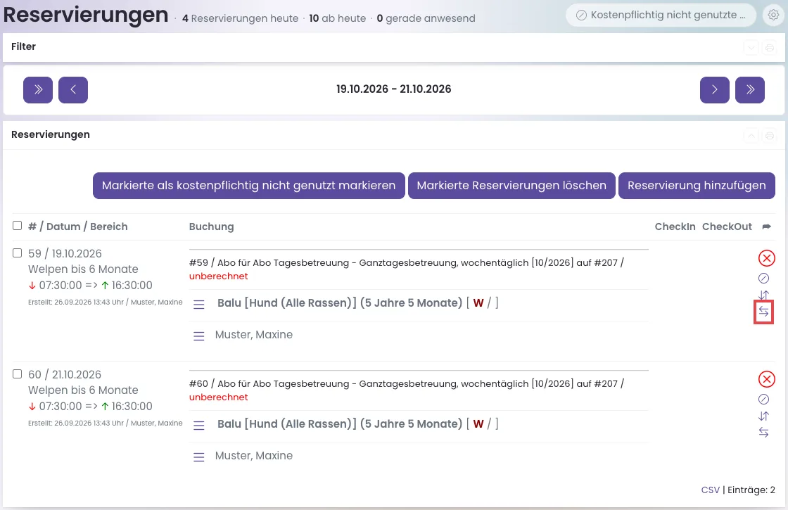 Reservierungsliste mit markiertem Knopf Umbuchen