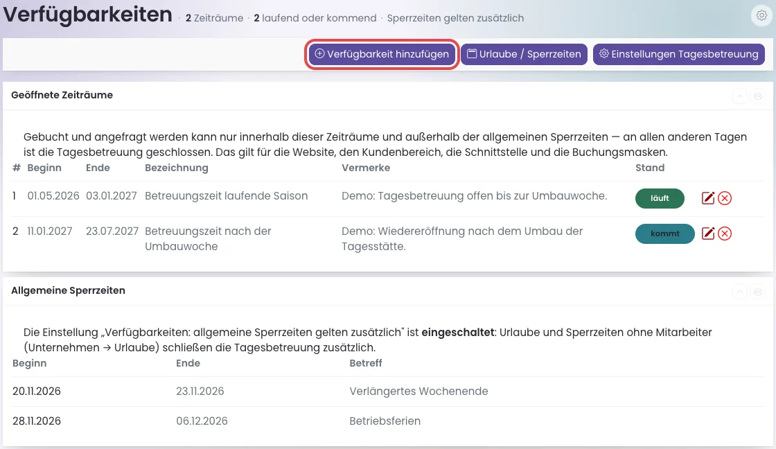 Seite Verfügbarkeiten mit zwei geöffneten Zeiträumen und Sperrzeiten
