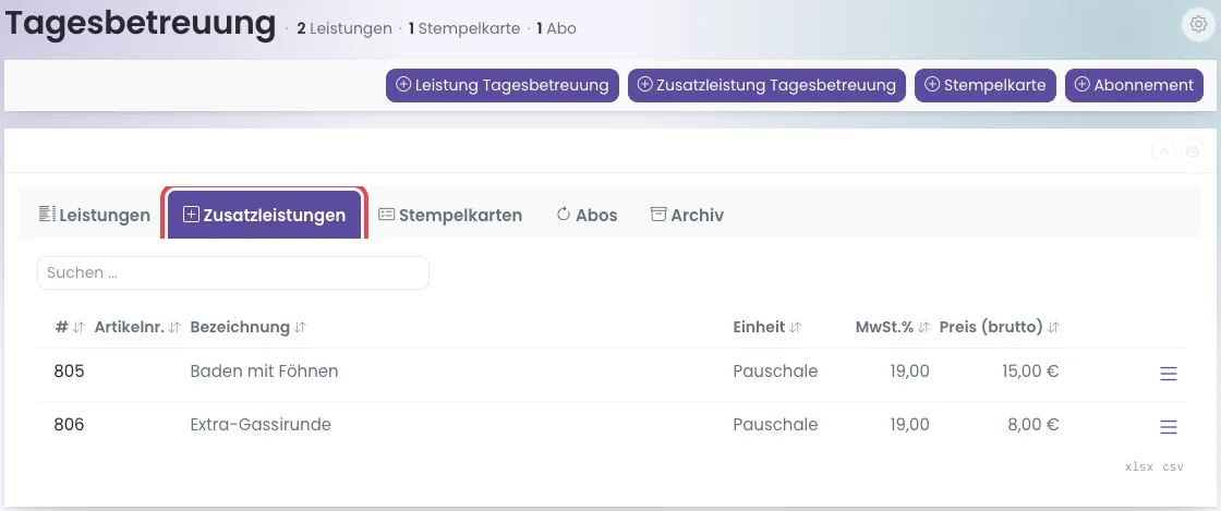 Reiter Zusatzleistungen unter Leistungen, Tagesbetreuung