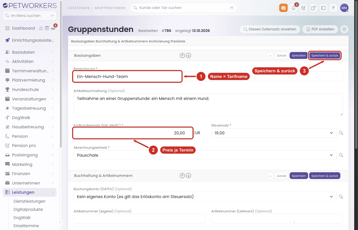 PetWorkers Wave: Leistung für Gruppenstunden mit Bezeichnung Ein-Mensch-Hund-Team und Preis 20,00